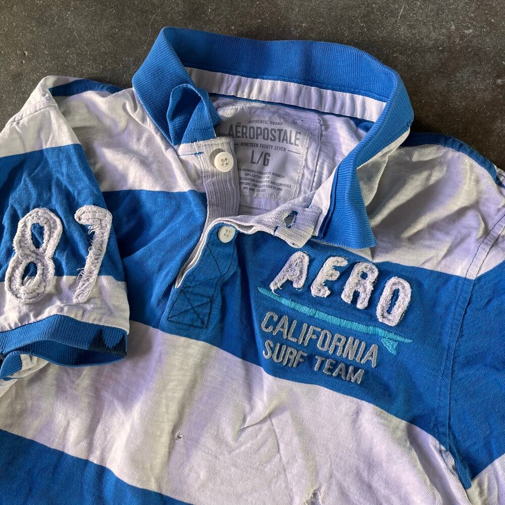 Y2K AERO Cali surf team distressed blue/white striped 87 Aeropostale polo shirt